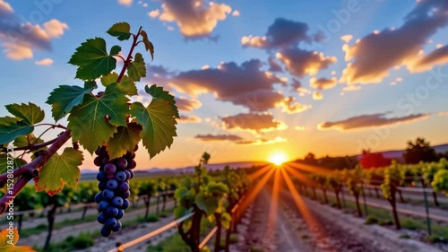 A bunch of ripe grapes hangs on the vine in a vineyard at sunset, with rows of grapevines stretching toward the glowing horizon.