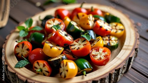 A wooden plate is filled with grilled, colorful halved peppers garnished with fresh mint leaves, creating a vibrant and appetizing dish.