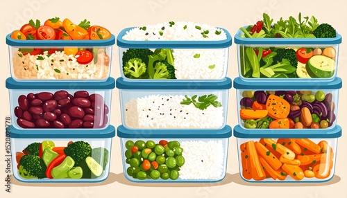 Affordable meal prep concept. Organized meal prep containers with colorful vegetables and grains.