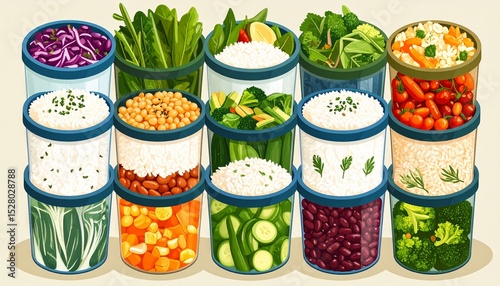 Affordable meal prep concept. Colorful containers filled with various fresh ingredients and produce.