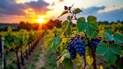 A vibrant vineyard at sunset with ripe purple grapes and lush green leaves in the foreground.