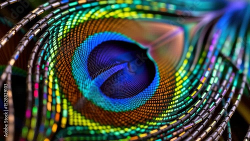 A vibrant, close-up image of a peacock feather showcasing its intricate patterns and iridescent blue, green, and gold colors.