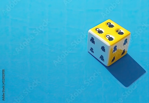 A yellow and white die with people icons, sits on a vibrant blue surface
