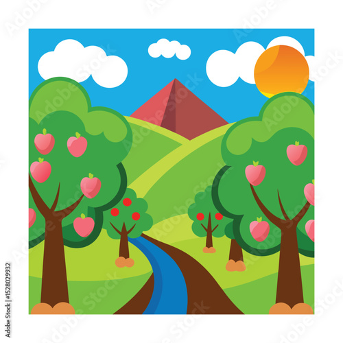 Flat vector landscape with orchard and flowing stream
