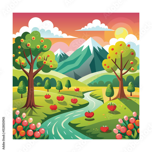 Flat vector landscape with orchard and flowing stream