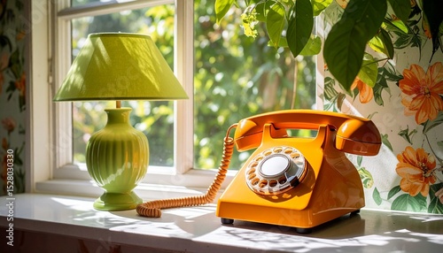 Sunny windowsill with bold orange rotary phone and lime lamp, shadows casting funky shapes on retro floral wallpaper
