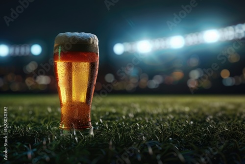 Glass of Beer on the Football Field with Stadium Lights in the Background