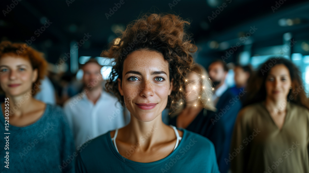 Obraz premium Group of diverse professionals gathered indoors, showcasing unity and technology in a contemporary business environment.