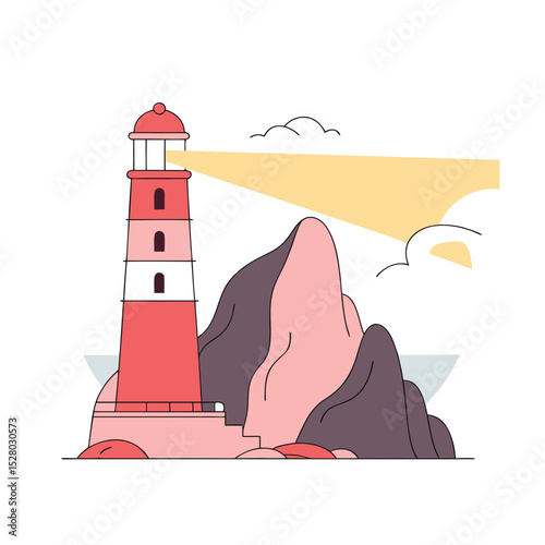 Flat vector lighthouse on steep rocky cliff at dusk