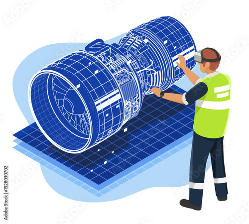 Engineer using augmented reality headset to inspect and design a jet engine model for advanced maintenance and precision engineering on a digital interactive interface isometric