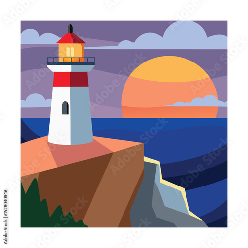 Flat vector lighthouse on steep rocky cliff at dusk