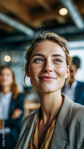 Wallpaper Mural Portrait of a thoughtful business professional looking upwards, with colleagues blurred in the background in a modern office setting. Torontodigital.ca