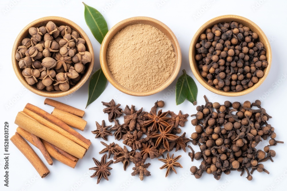 Assorted spices in wooden bowls and on a white surface Assorted spices in wooden bowls and on a white surface