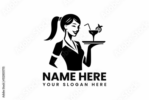 Stylized black vector logo of a smiling waitress holding a tray with a cocktail. Hospitality concept