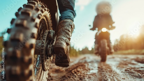 A dynamic scene of a motorcycle rider navigating a muddy path, showcasing adventurous spirit and rugged terrain, highlighted by the backdrop of a sunlit outdoor environment.