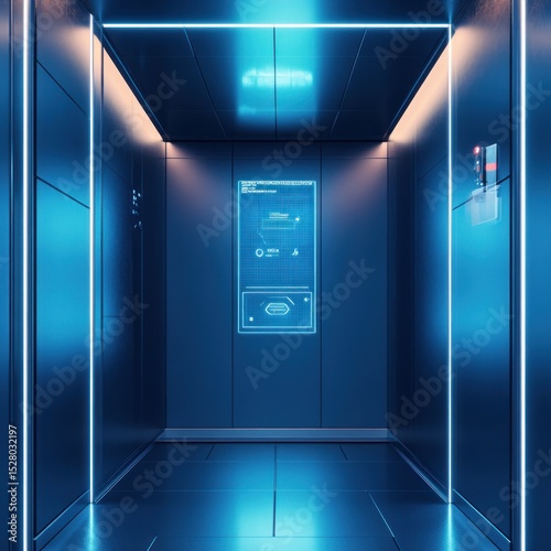 Futuristic Elevator Interior Design, Neon Lights and Advanced Technology