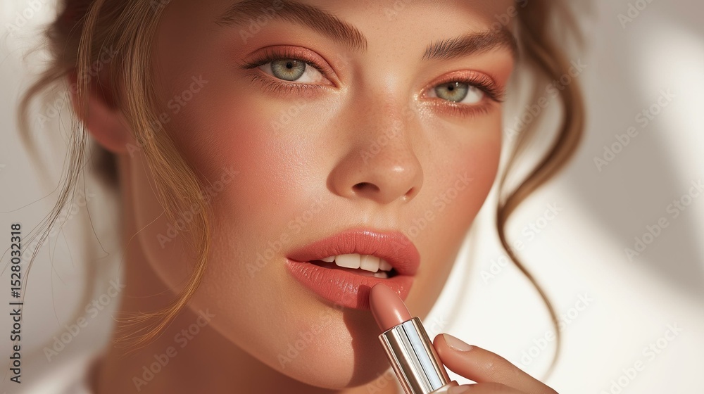 A woman applies nude lipstick, showcasing beauty and elegance in natural light. A woman applies nude lipstick, showcasing beauty and elegance in natural light.