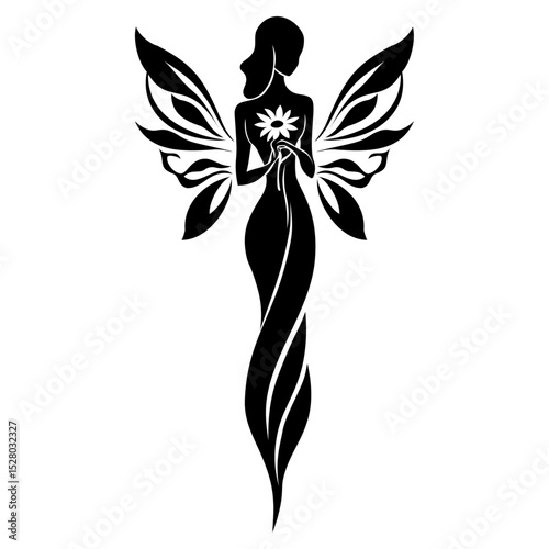 Graceful black and white silhouette of a mystical fairy or angel with intricate leaf-like wings and floral adornment, ethereal enchanted female figure for fantasy or decorative design

