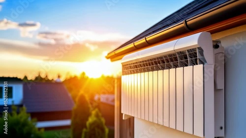 Bright outdoor heat pump unit mounted on a residential building exterior wall during a vibrant sunrise creating warm tones and soft shadows.