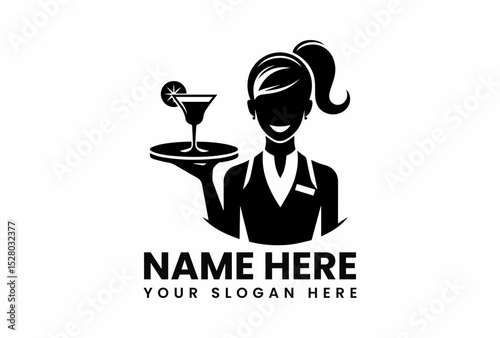 Stylized black vector logo of a smiling waitress holding tray with cocktail for hospitality business branding  