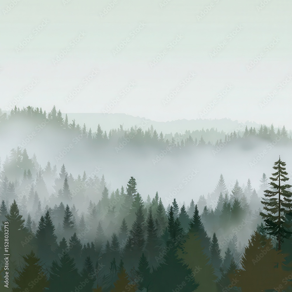Naklejka premium Misty mountain range with dense coniferous forest.