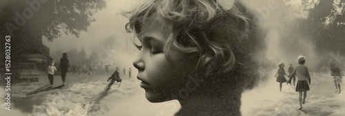 Little girl dreaming of children playing in the rain