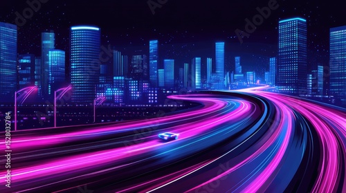 Neon-lit city highway at night with motion blur.
