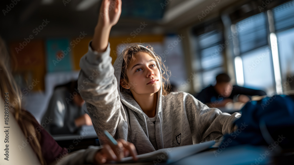 Obraz premium A student raises her hand in class, eager to participate. Sunlight streams in, highlighting her focused expression. Learning in progress.