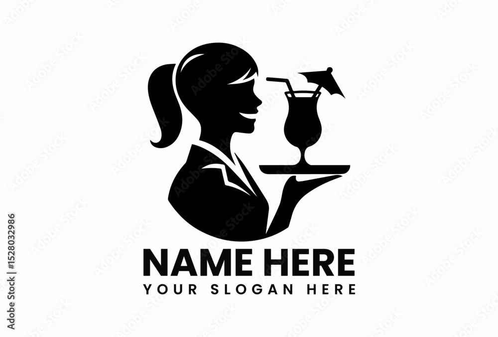 Obraz premium Stylized black vector logo of a smiling waitress holding tray with cocktail for hospitality business branding
