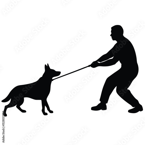Black Silhouette Man Struggling to Control a Dog on Leash, Training Challenge