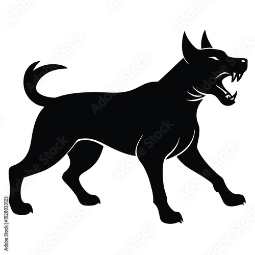 Ferocious Black Dog Silhouette, Angry Expression with Showing Teeth and Alert Posture