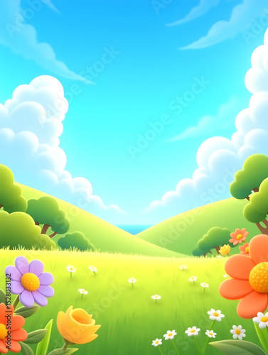 3D cartoon Spring meadow lovely pink flowers 3D natural background