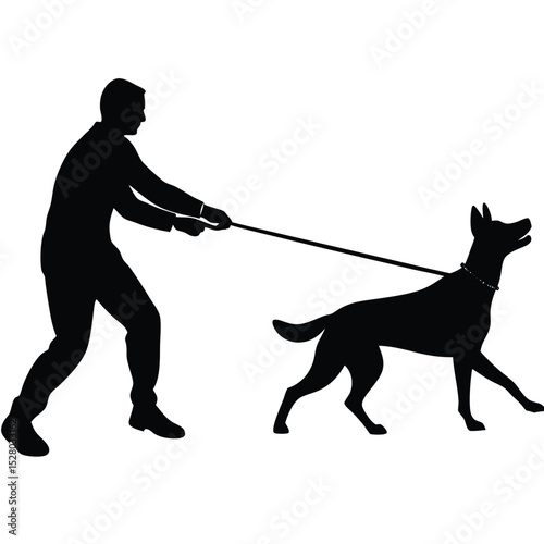 Man Walking Dog Silhouette Pulling Leash, Monochrome Outdoor Activity
