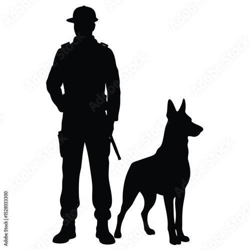 Silhouette of a Law Enforcement Officer with Dog, Security and Protection