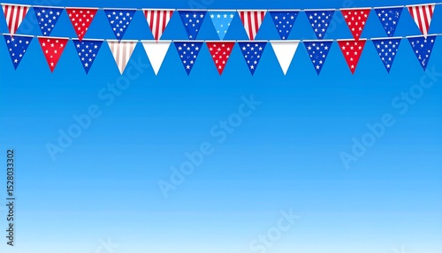 American bunting concept. Bunting flags in red, white, and blue against a clear sky.