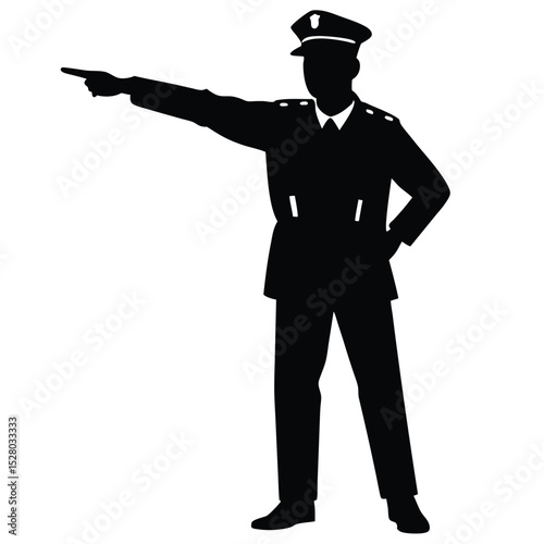 Silhouette of a Police Officer Directing Traffic with Pointed Finger in Uniform