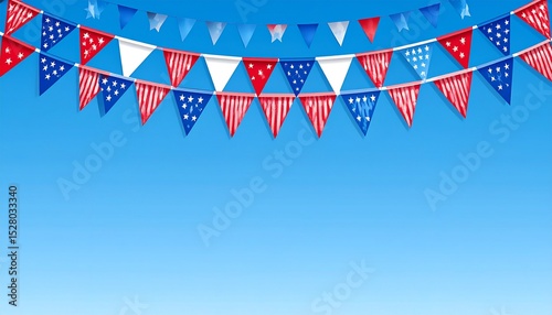 American bunting concept. Bunting flags in red, white, and blue against a clear blue sky.