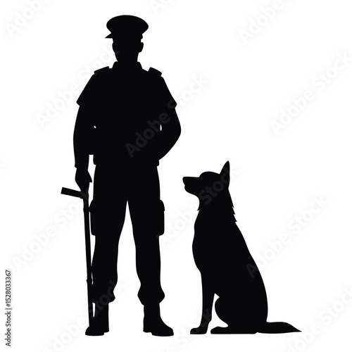 Silhouette of a Policeman Standing with His Loyal Canine Companion on White