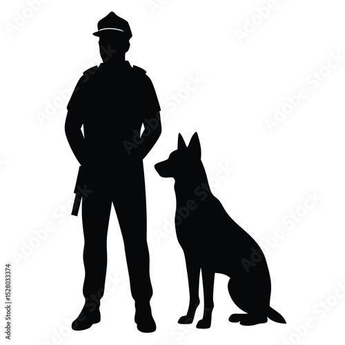 Silhouette of a Police Officer with Service Dog Canine Companion Black Background