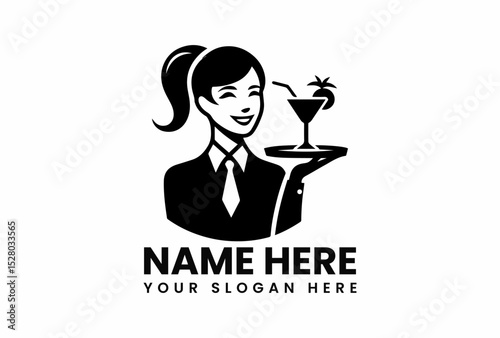 Minimalist black vector illustration of cheerful waitress carrying cocktail tray for hospitality industry  