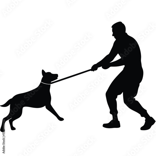 Silhouette of Man Tugging Leash with Dog, Against Plain Background Illustration