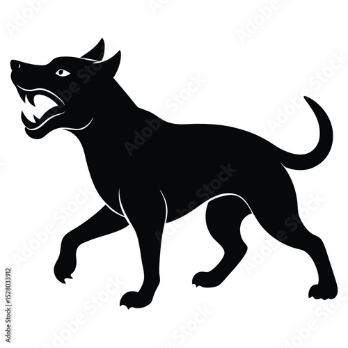 Stylized Black Dog Silhouette with Open Mouth, Walking Against White Background