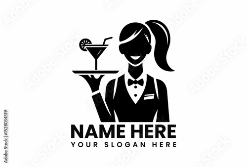 Minimalist black vector illustration of cheerful waitress carrying cocktail tray for hospitality industry  