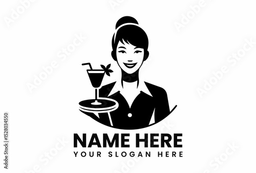 Black stylized vector logo design featuring smiling female waitress with cocktail tray for bar or restaurant  