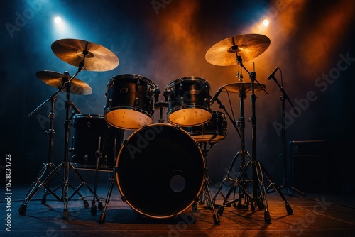 drum set on stage with lights shining in background.