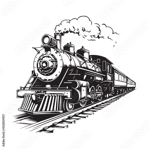 Steam locomotive train silhouette vector illustration isolated on a white background, Train silhouette vector design, Vintage train illustration black and white, 