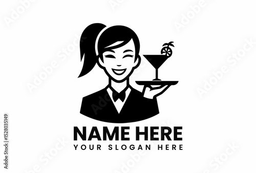 Black stylized vector logo design featuring smiling female waitress with cocktail tray for bar or restaurant  