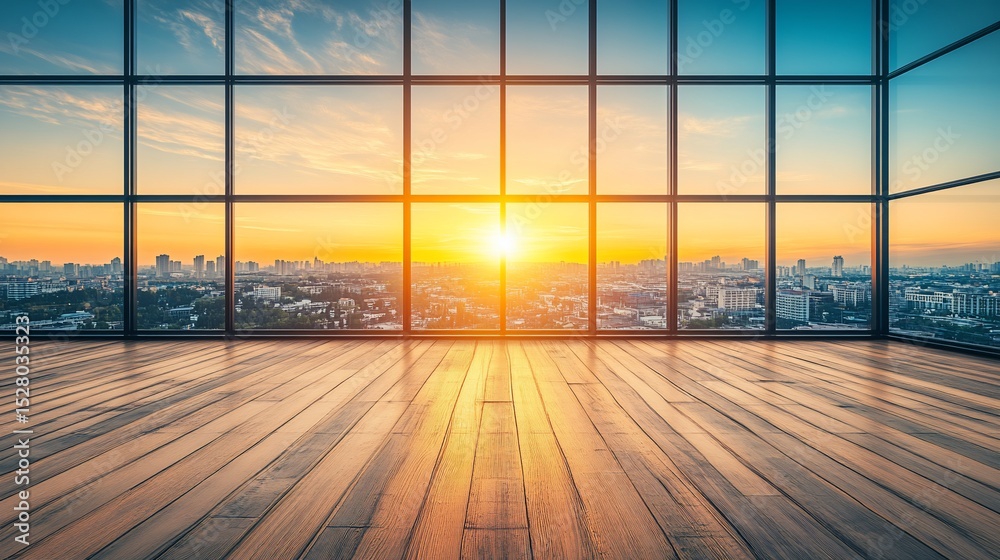 Fototapeta premium Empty office space with city sunset view. Possible use Business, Architecture, Interior design