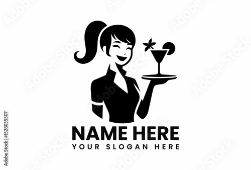 Black stylized vector logo design featuring smiling female waitress with cocktail tray for bar or restaurant  