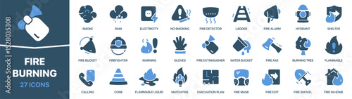 Fire and burning colored signed icon collection. Smoke, ladder, hydrant, firefighter, shovel icons. UI icon set. Colored icons pack. Vector illustration